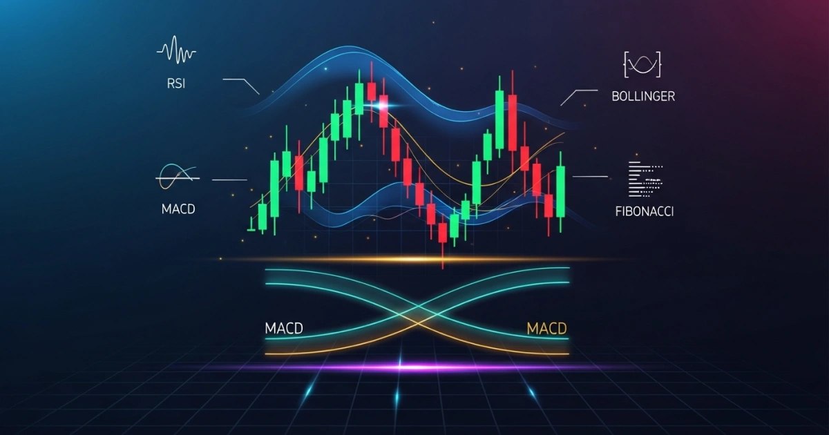Chart showing top crypto trading indicators for 2025 including RSI, MACD, Bollinger Bands, and Fibonacci levels.