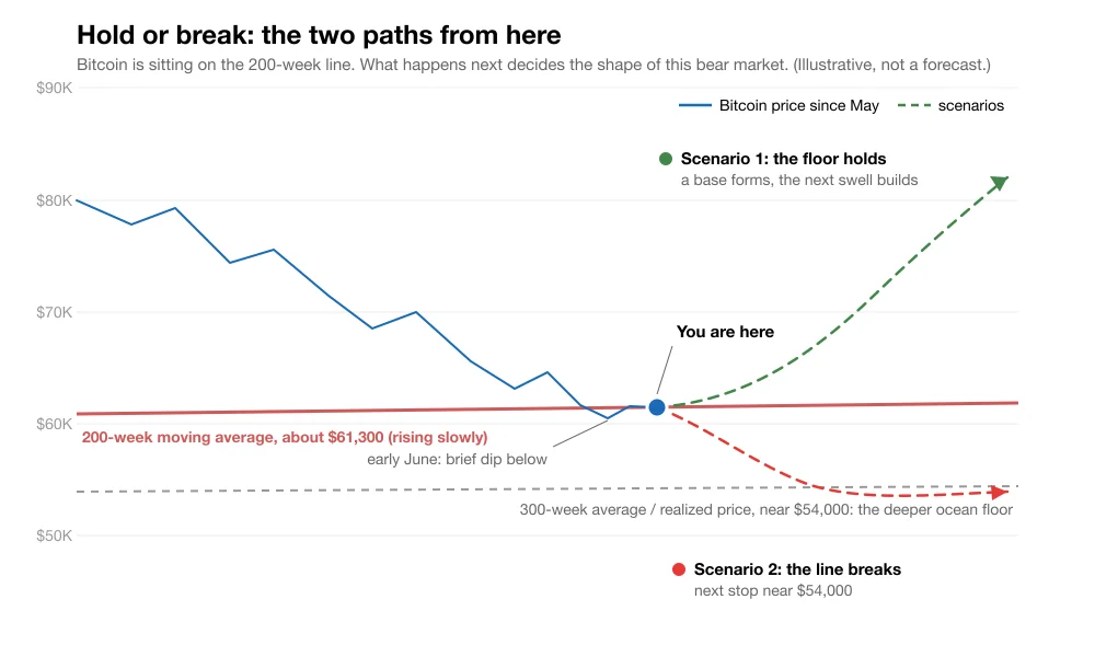 Chart showing Bitcoin's price decline from $80,000 in May 2026 down to the 200-week moving average near $61,300, with two dashed scenario paths from the current point: a green path where the floor holds and recovery builds, and a red path where the line breaks toward the 300-week average near $54,000
